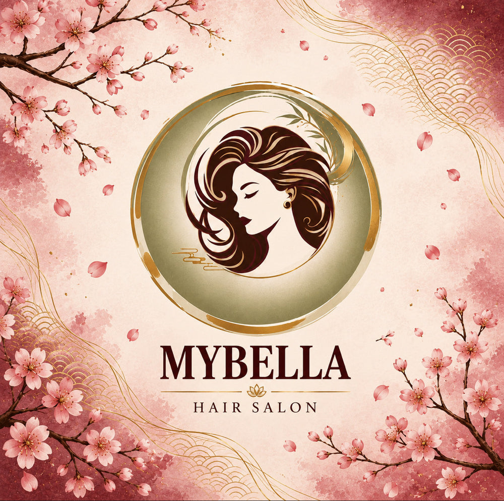 Logo MYBELLA Hair Salon : profil féminin, cercle doré et fleurs de cerisier