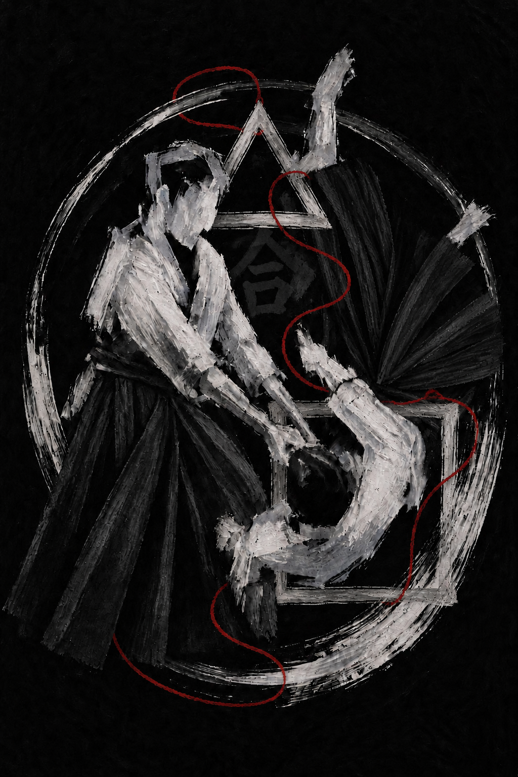 Aïkido — œuvre abstraite cercle triangle carré et fil rouge
