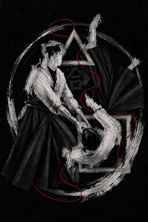 Aïkido — œuvre abstraite cercle triangle carré et fil rouge