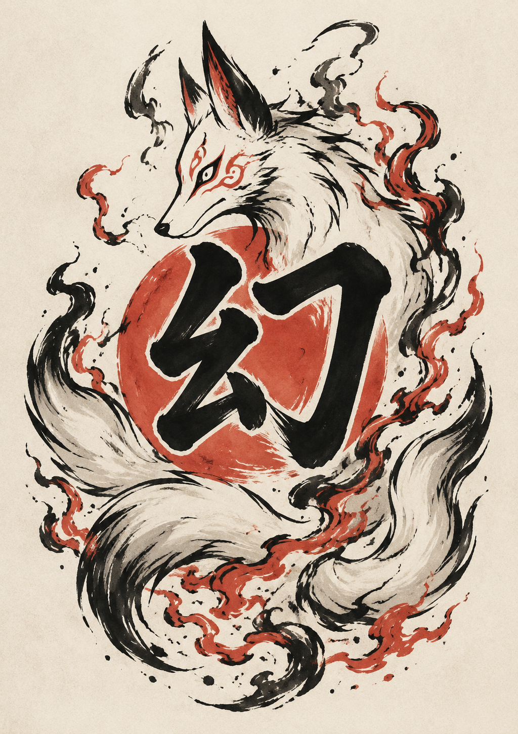Œuvre Kitsune et kanji Illusion