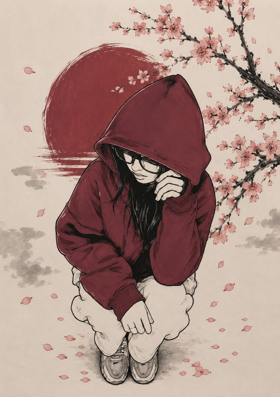 Le dessin original à capuche et fleurs de cerisier, présenté dans un cadre noir