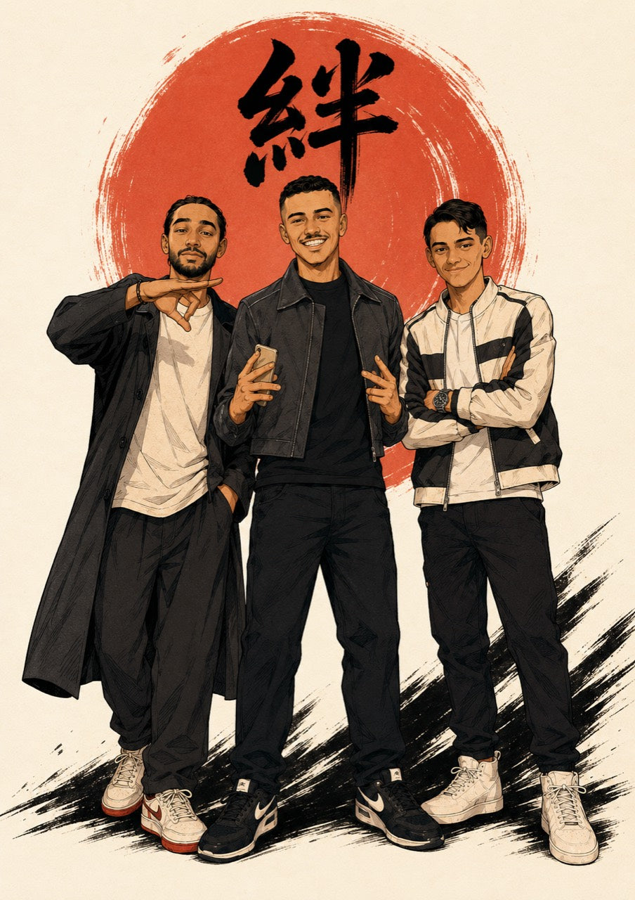 Le dessin original du trio, présenté dans un cadre noir