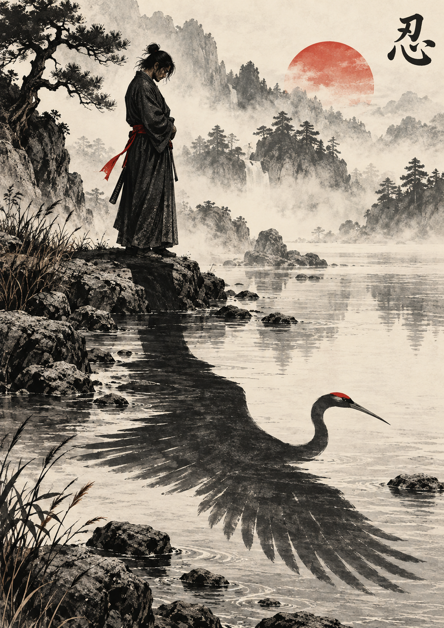 La Patience — 忍 | Samouraï × Grue — Dessin