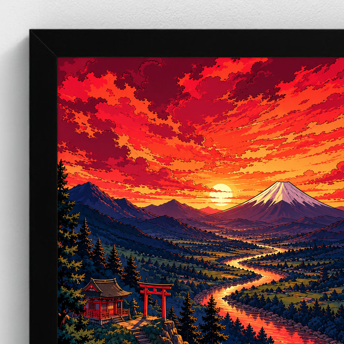 KAGE ROUGE — Le Fleuve du Soleil — Cadre noir Prodigi A4 — Détail du cadre et de l’impression, sans passe-partout