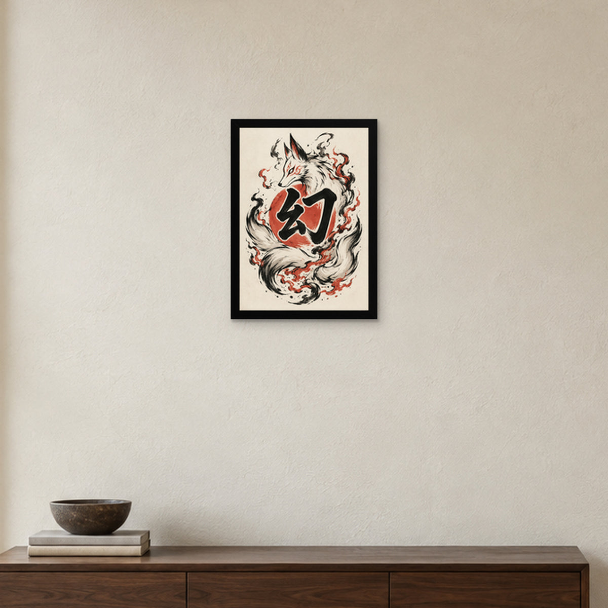 Kitsune × Illusion — 幻 — Cadre noir Prodigi A3 — Intérieur japonais, sans passe-partout