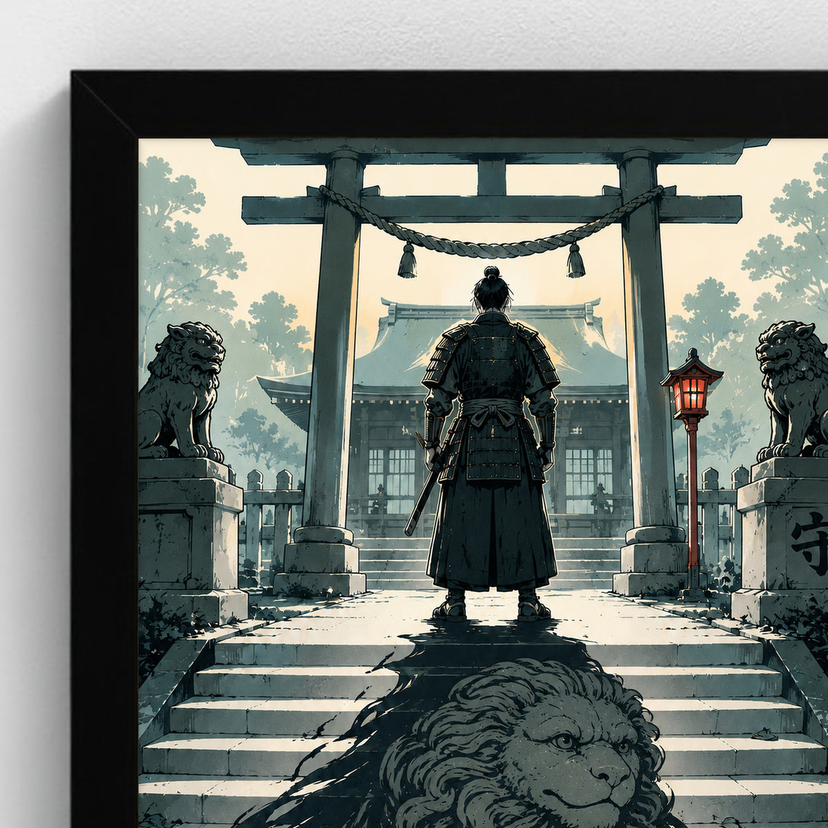 La Protection — 守 | Samouraï × Komainu — Cadre noir Prodigi A4 — Détail du cadre et de l’impression, sans passe-partout