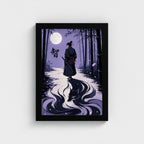 La Sagesse — 智 | Samouraï × Kitsune — Cadre noir Prodigi A4 — Vue frontale, sans passe-partout