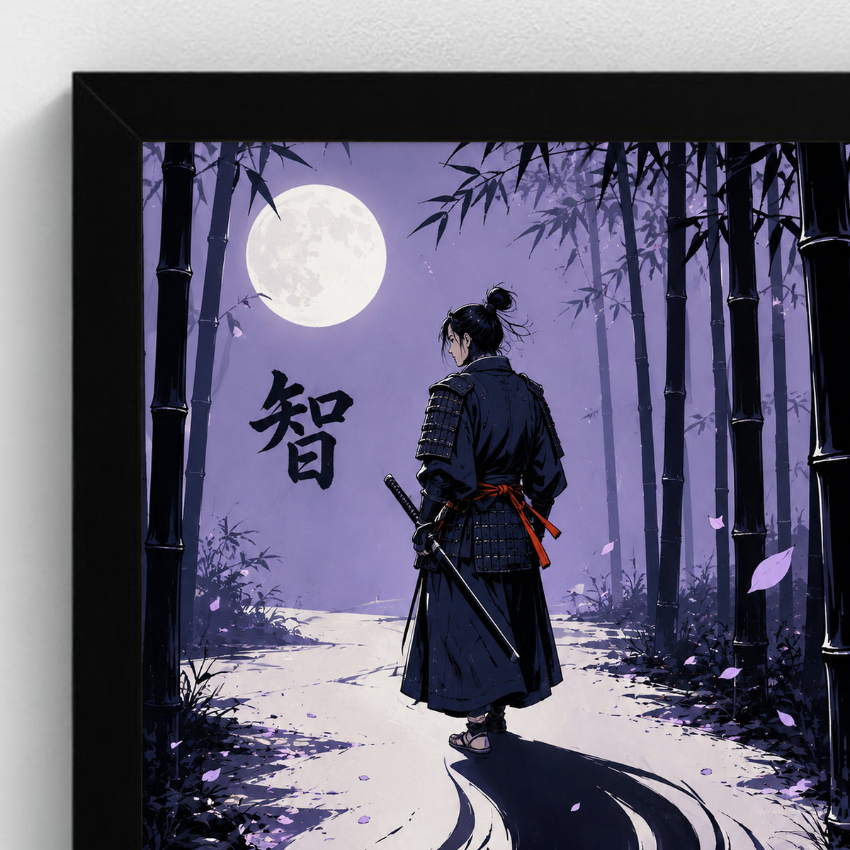 La Sagesse — 智 | Samouraï × Kitsune — Cadre noir Prodigi A4 — Détail du cadre et de l’impression, sans passe-partout
