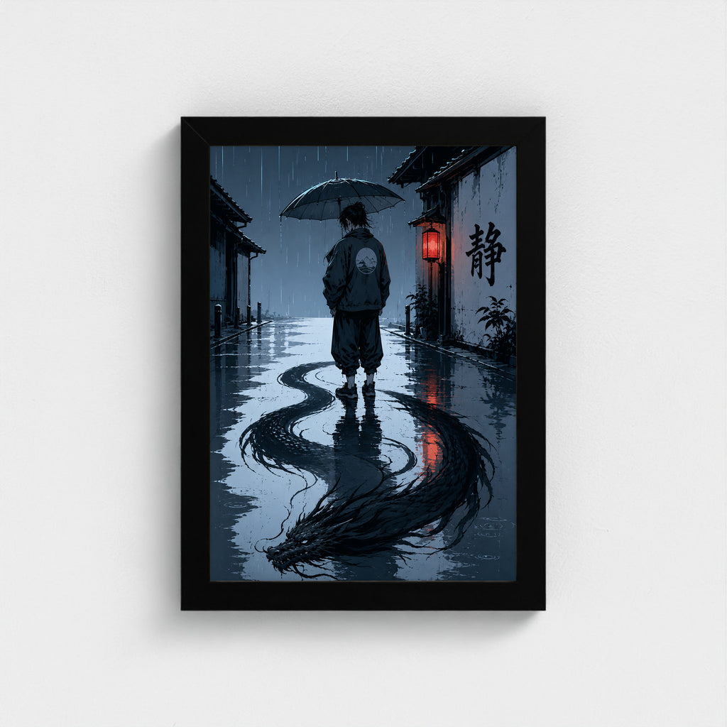 Le Calme — 静 | Samouraï × Ryū — Cadre noir Prodigi A4 — Vue frontale, sans passe-partout