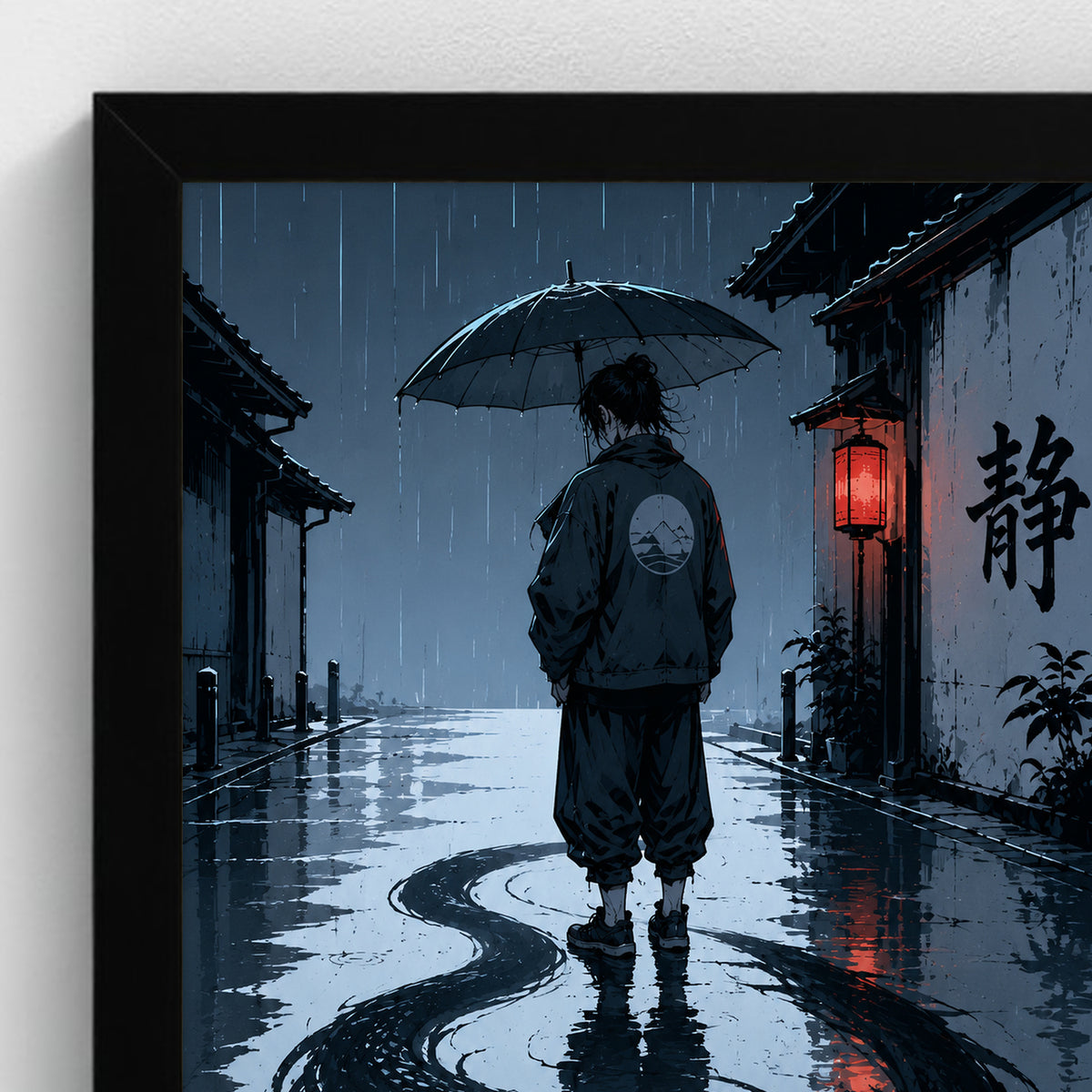 Le Calme — 静 | Samouraï × Ryū — Cadre noir Prodigi A4 — Détail du cadre et de l’impression, sans passe-partout