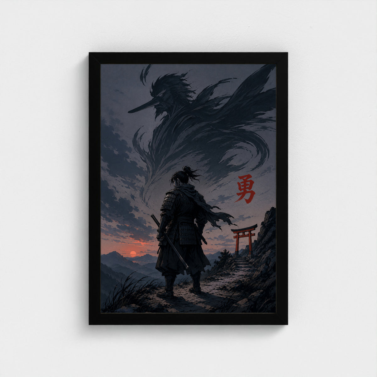 Le Courage — 勇 | Samouraï × Tengu — Cadre noir Prodigi A3 — Vue frontale, sans passe-partout