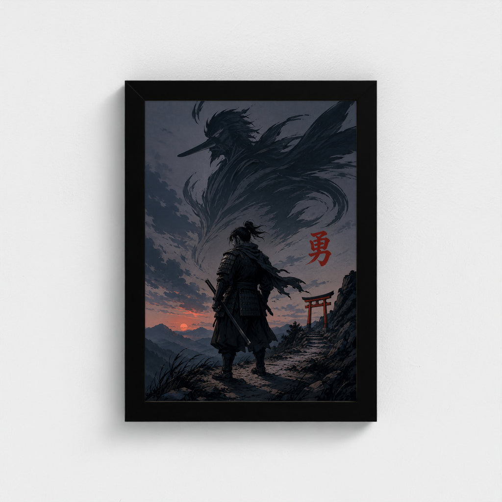 Le Courage — 勇 | Samouraï × Tengu — Cadre noir Prodigi A4 — Vue frontale, sans passe-partout