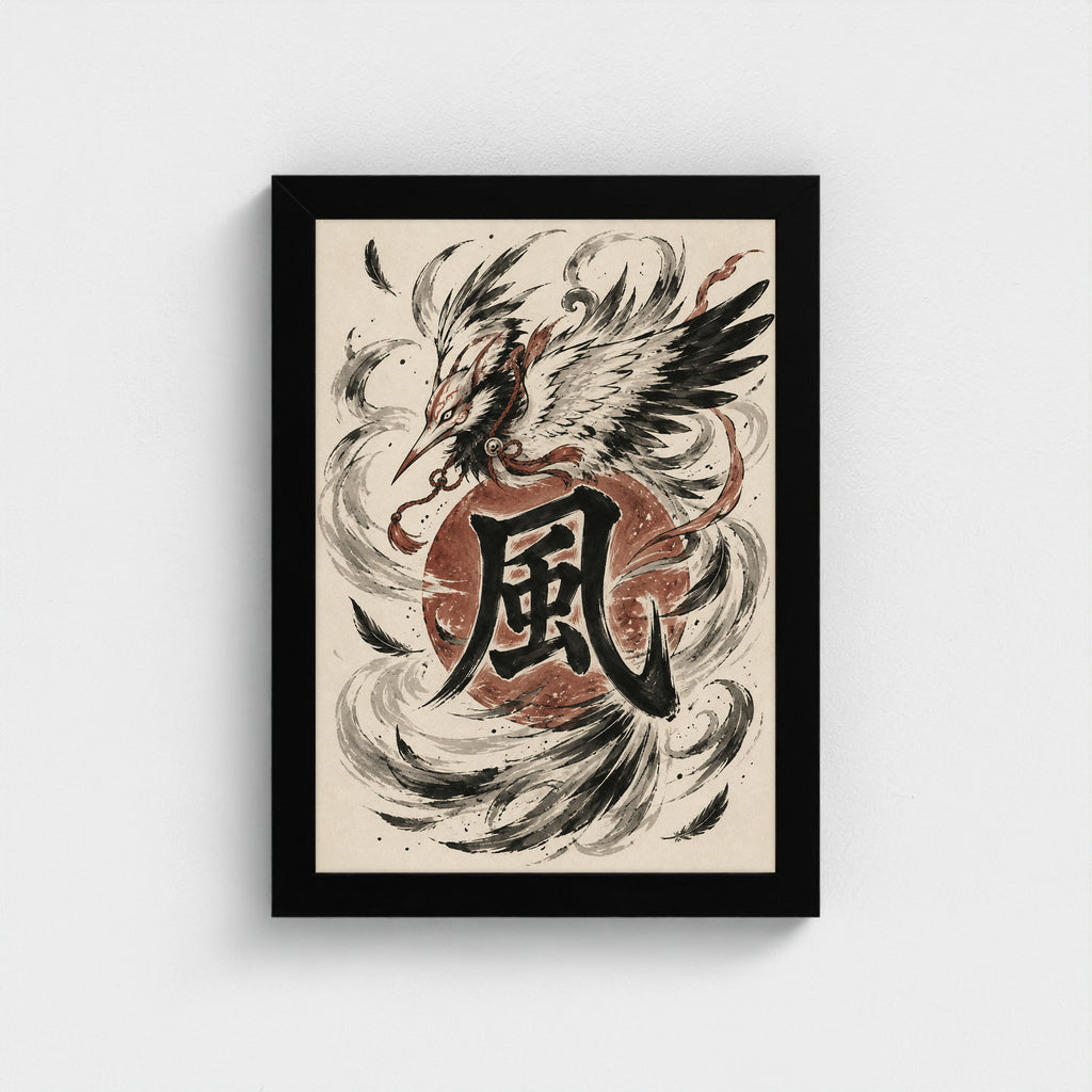 Tengu × Vent — 風 — Cadre noir Prodigi A4 — Vue frontale, sans passe-partout
