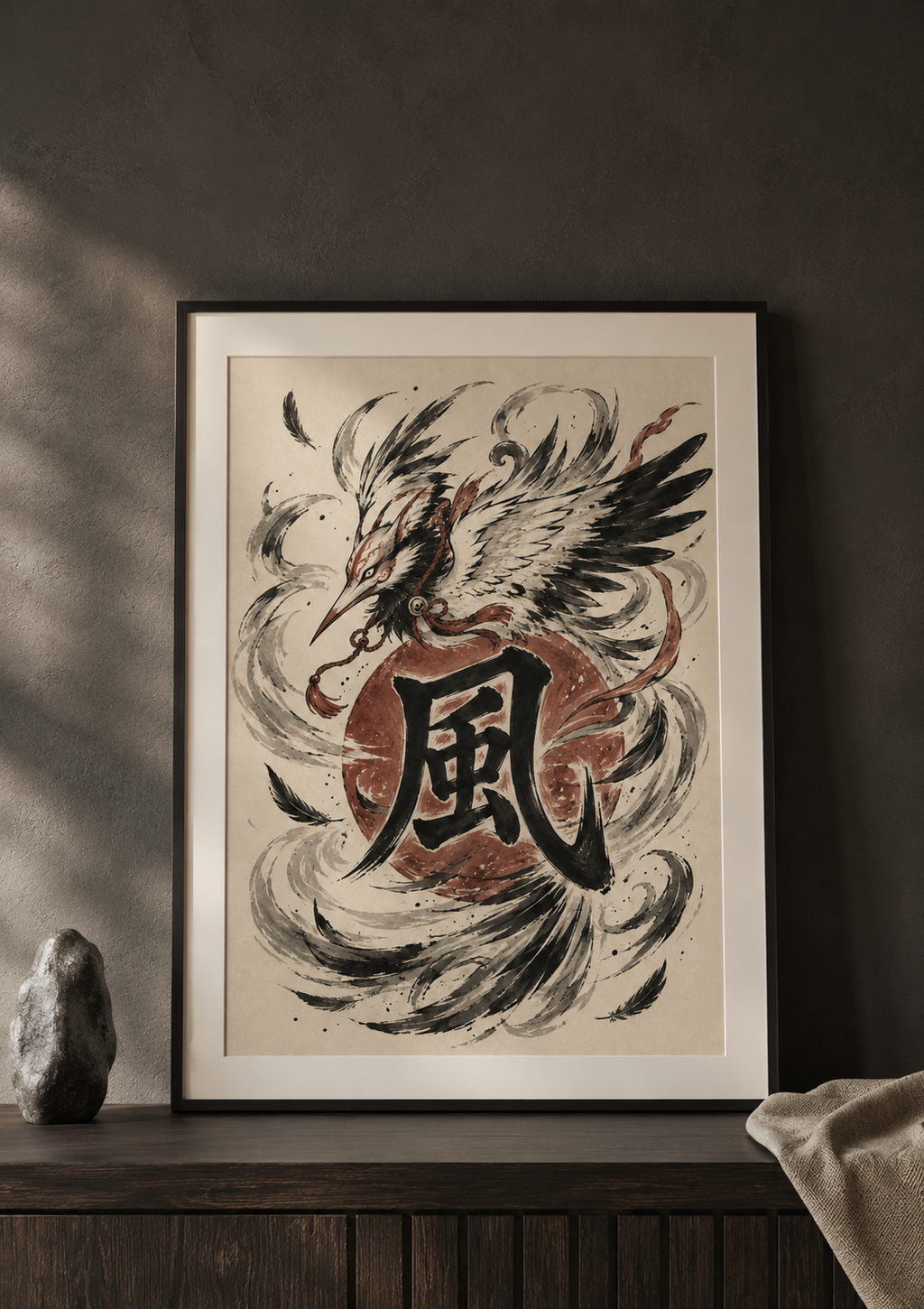 Tengu Vent encadré dans un intérieur japonais contemporain