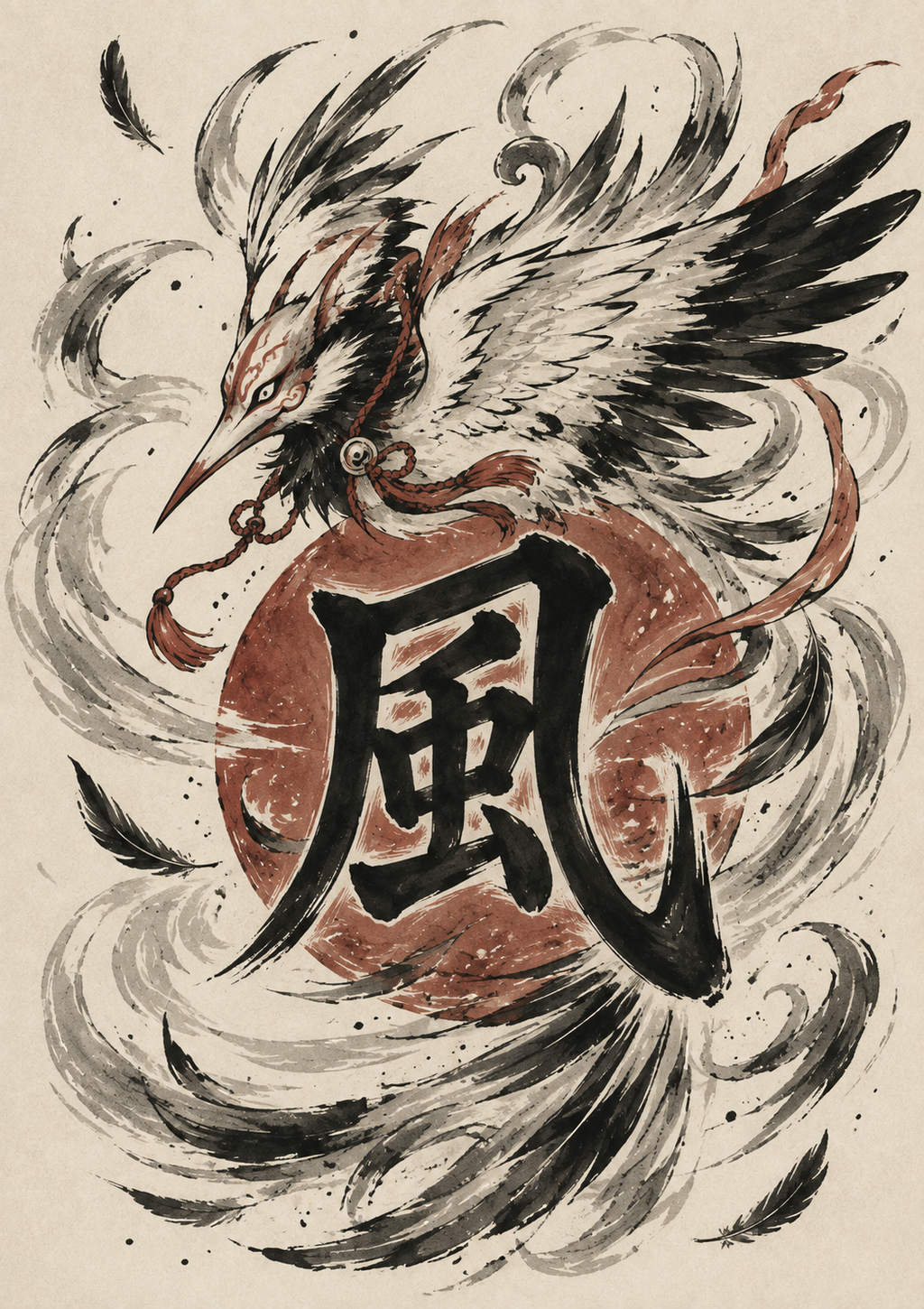 Œuvre Tengu et kanji Vent