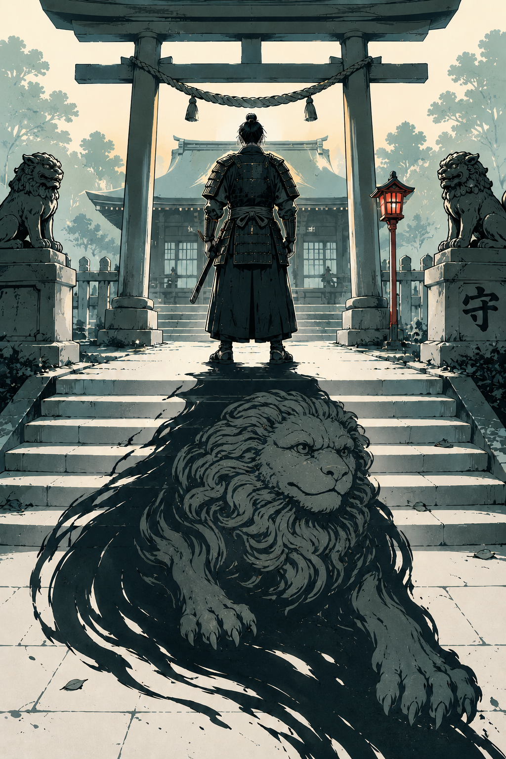 La Protection — 守, samouraï et gardien Komainu